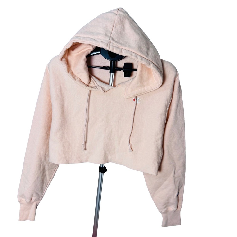 Champion Reverse Weave Pink Cropped Hoodie M Distressed Raw Hem Y2K Streetwear